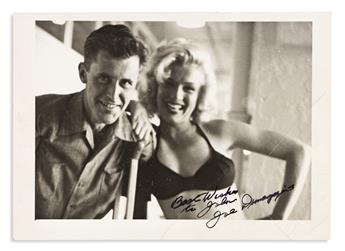 DIMAGGIO, JOE. Photograph Signed and inscribed, Best Wishes / to John, half-length portrait by Todd Webb, showing Marilyn Monroe and